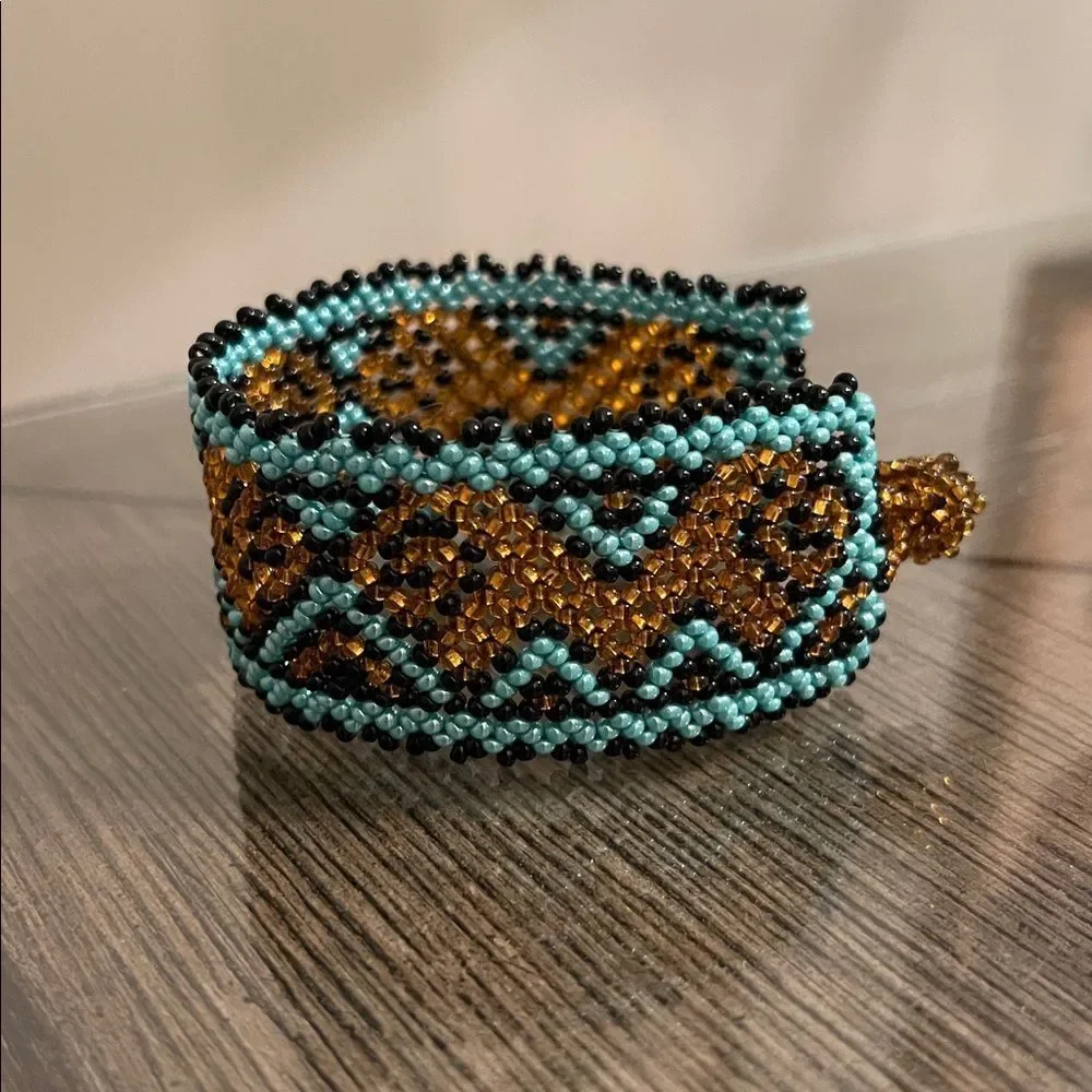 Miyuki Boho Beaded Bracelet – Turquoise & Amber Geometric Pattern Peyote Stitch